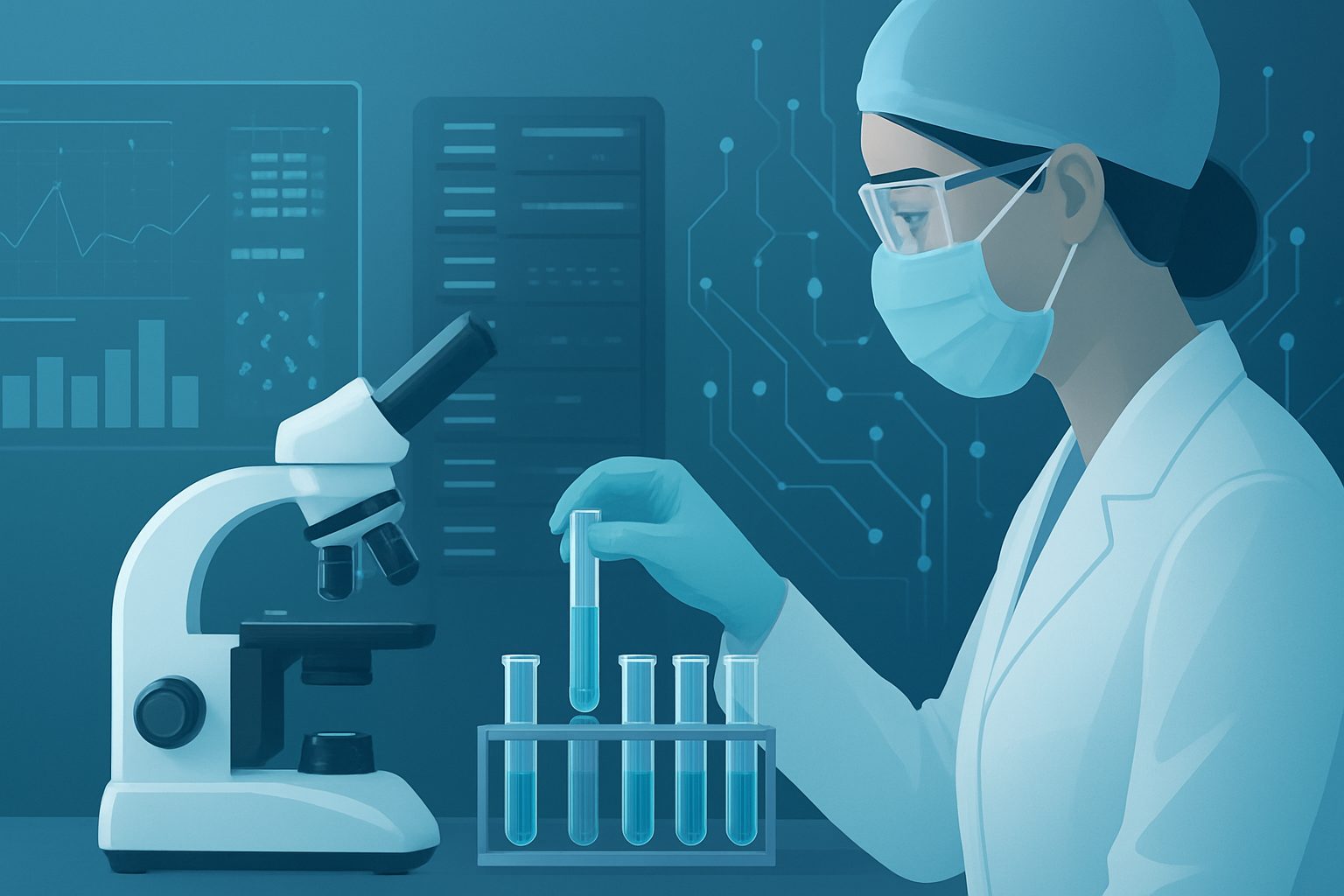 Illustration of a laboratory setting with a scientist using a microscope and test tubes