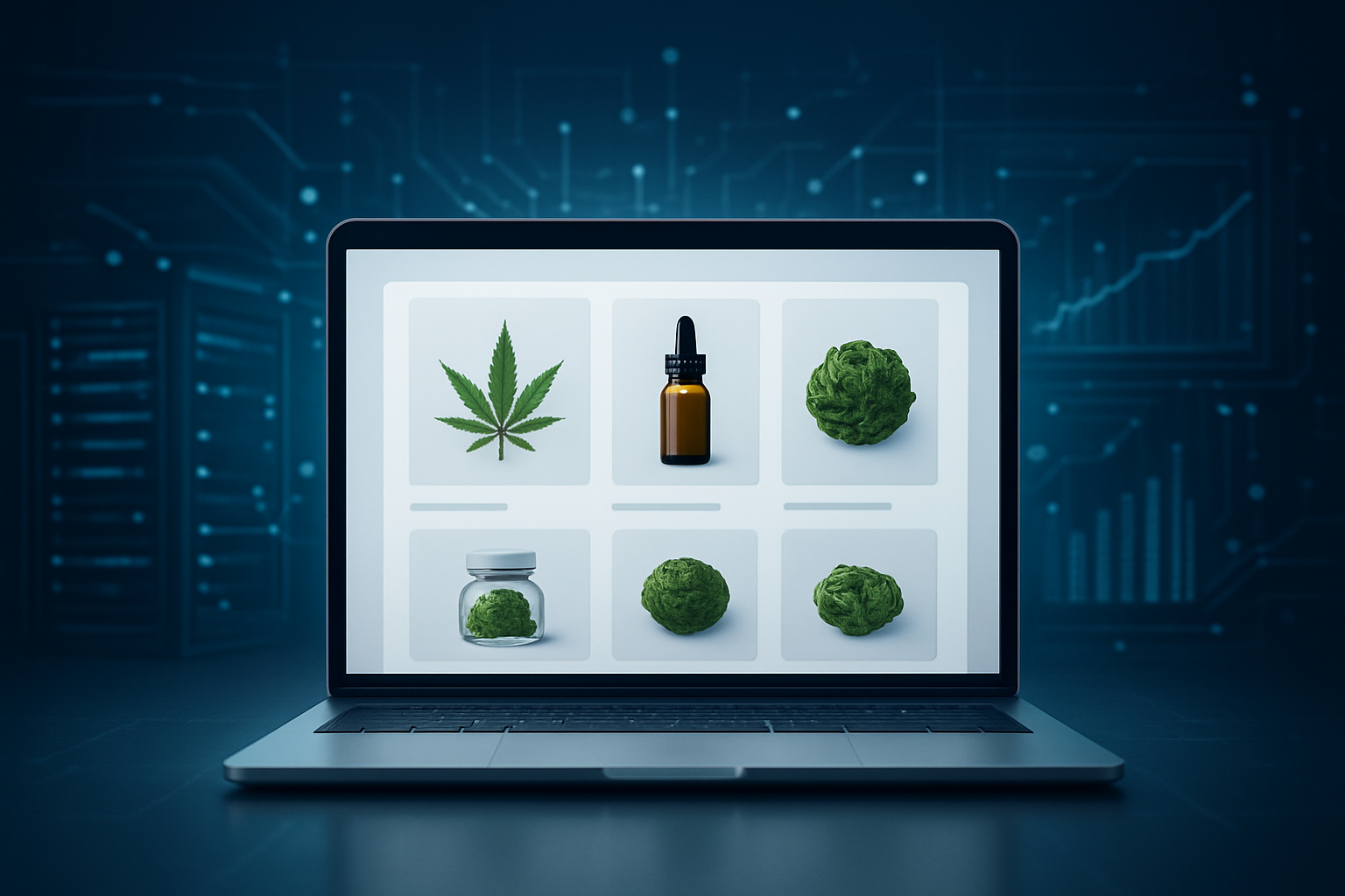 A laptop displaying a grid of cannabis-related products, with a digital background.