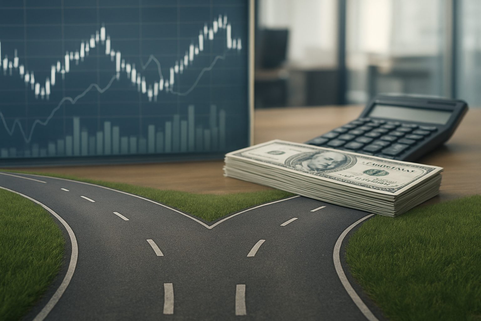 A conceptual image depicting a fork in the road with a pile of cash and a calculator, symbolizing financial decision-mak